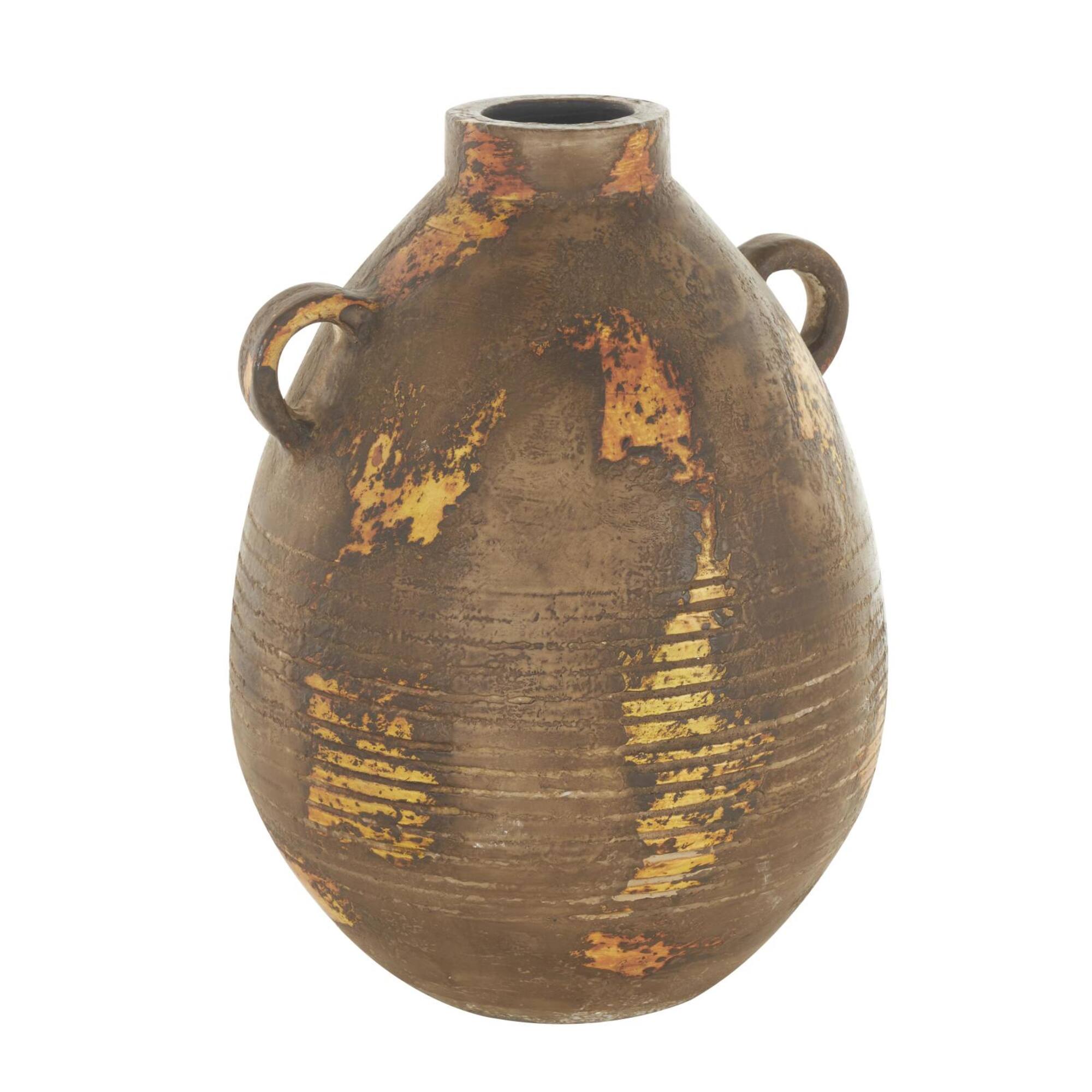 15.25" Brown Ceramic Antique Style Distressed Vase with Grooves & Handles